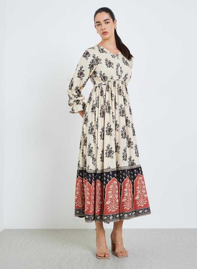 ستايلي فستان طويل بأزرار وحافة واسعة وطبعة أزهار للنساء - Image 1